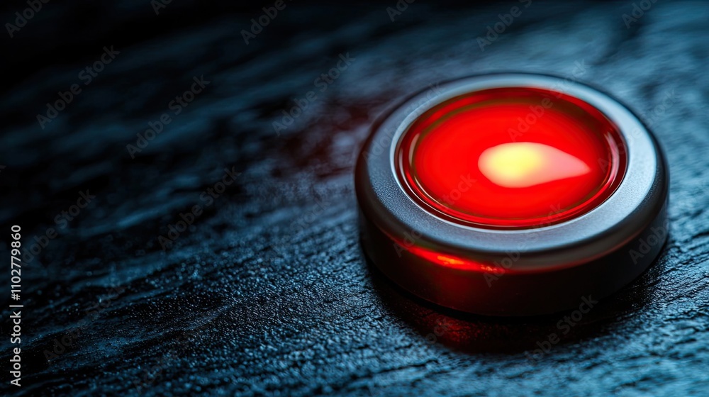 Poster red button glowing on a dark wooden surface, isolated view.