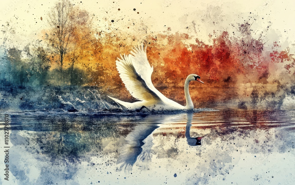 Poster elegant swan fading into intricate colorful background