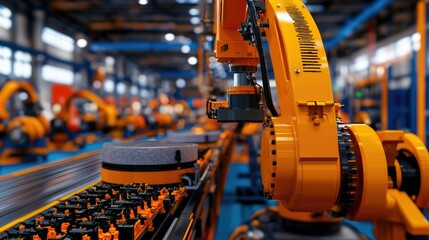 Fototapeta premium A robotic arm operates in a modern manufacturing facility, showcasing advanced automation technology and assembly lines.