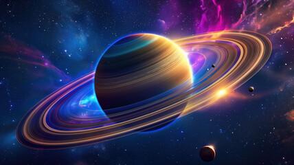 Captivating Planetary Ring System Colorful Moons and Deep Space Wonders