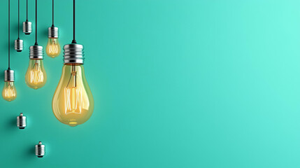 Brightly lit hanging bulbs against turquoise background create warm and inviting atmosphere. arrangement showcases various bulb styles, enhancing modern aesthetic