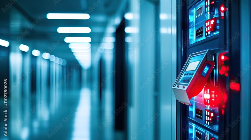 Poster High-tech control panel in a data center with illuminated indicators.