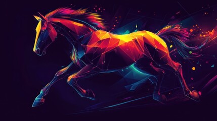 A vibrant, geometric representation of a galloping horse in a colorful, abstract style.