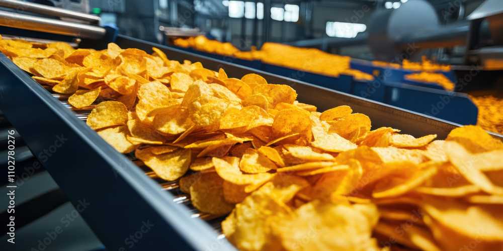 Poster optimizing banana chips production conveyor system setup in industrial factories for efficient proce