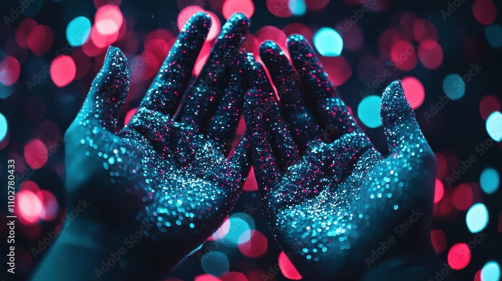 Poster sparkling hands covered in glitter create a vibrant visual against a backdrop of colorful bokeh ligh