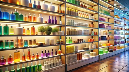 Skincare dreams come true, shelves overflowing with beauty products.