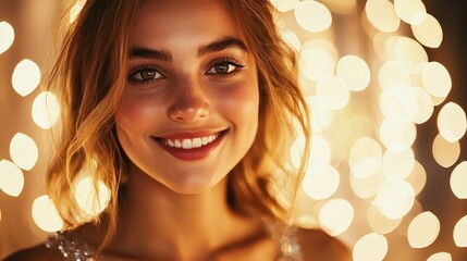 Fototapeta premium A smiling woman with wavy hair stands in front of a backdrop of soft, glowing lights, exuding warmth and joy.