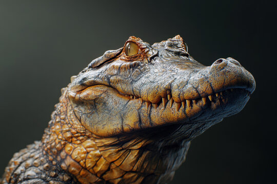 Crocodile with closed mouth, showcasing textured skin and sharp teeth. This close up captures reptile fierce expression and intricate details