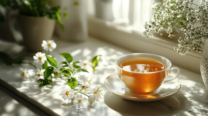 cup of warm tea sits on windowsill surrounded by delicate flowers and greenery, creating serene and inviting atmosphere