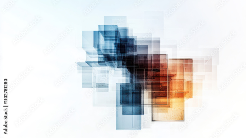 Poster creating modern abstract compositions with transparent squares in a cool digital environment for art