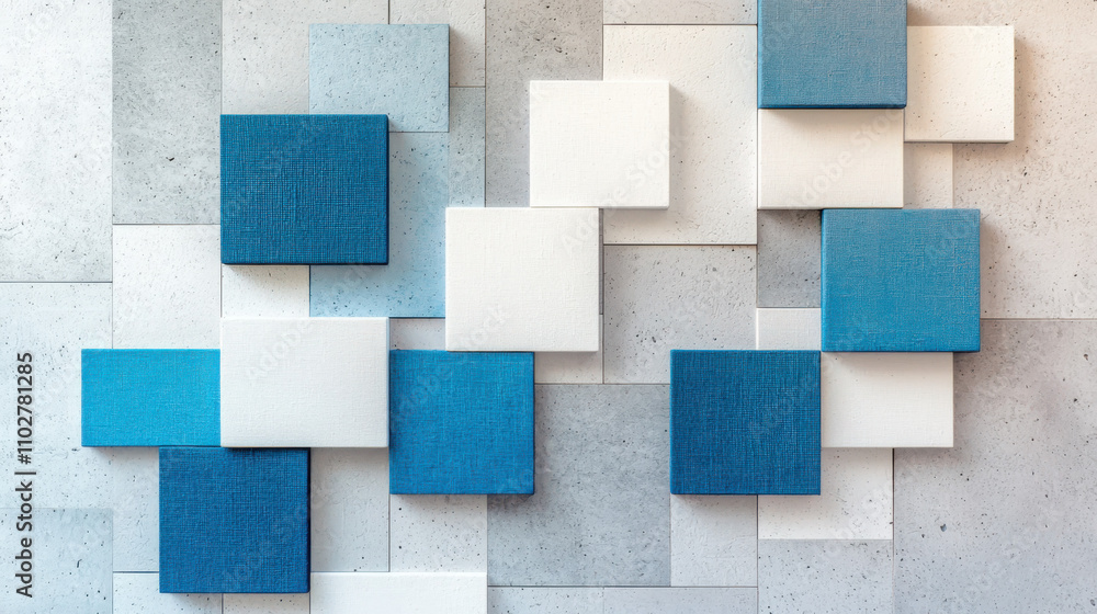Poster creating a clean minimalist squares composition with gradient blues on linen texture in an artistic 