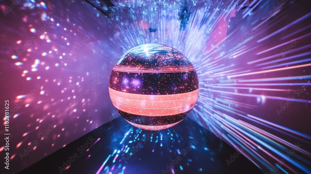 Poster a glowing sphere with colorful light projections, creating a vibrant visual experience.