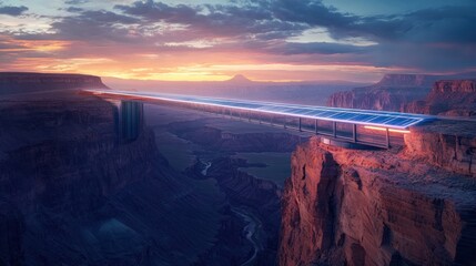 A futuristic solar bridge spans a canyon at sunset, showcasing modern engineering and nature.