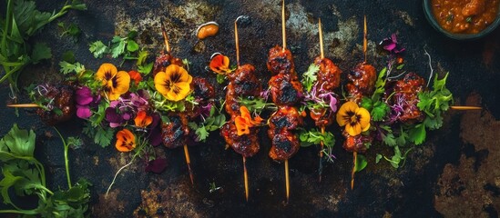 Artistic presentation of satay skewers with edible flowers and microgreens, food photography focus, 