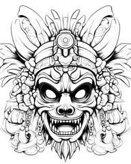 A drawing of a scary monster with a mask on its face. The monster has a big, scary mouth with sharp teeth and a long, pointy nose. The mask is decorated with feathers and beads, giving it an exotic