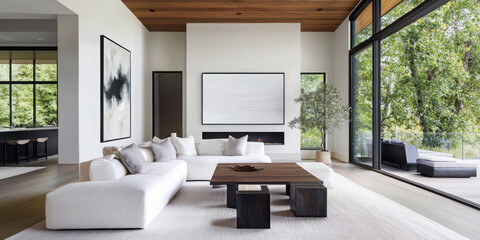 Aesthetic modern home cozy white interiors and natural textures with black framed accents