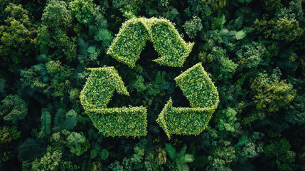 large recycling symbol made of lush green trees surrounded by dense foliage, representing sustainability and environmental awareness