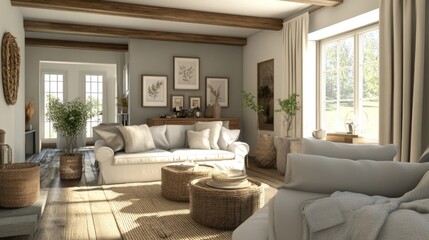 Fototapeta premium A cozy, well-lit living room with natural decor and comfortable seating.