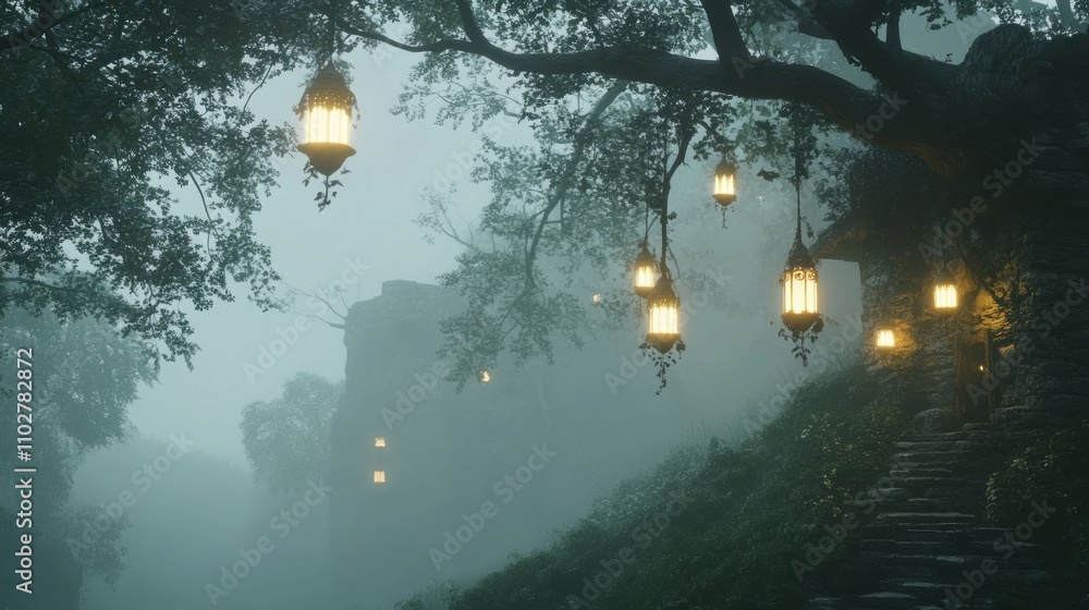Poster a misty landscape with lanterns hanging from trees near an ancient stone structure.