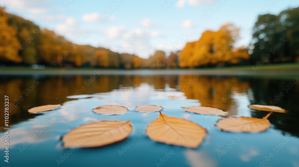 Poster tranquil autumn scene with floating yellow leaves on calm water reflecting trees and cloudy sky in p