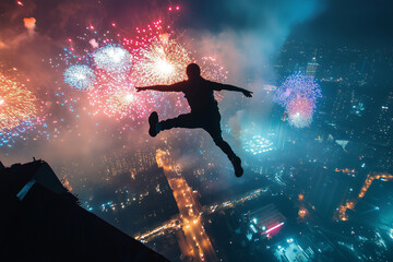 Naklejka premium Silhouette man extreme jumping on the rooftop with firework background. New year.