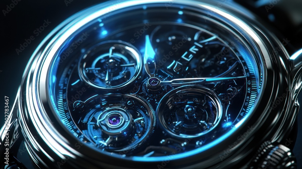 Poster a close-up of an intricate watch face showcasing gears and luminous elements.