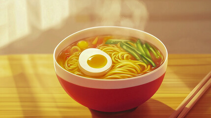 steaming bowl of ramen with noodles, egg, and vegetables in a rich broth