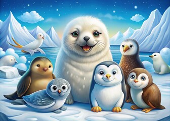 Obraz premium This illustration captures the charm of Arctic animals with a polar owl, bear, penguin, walrus, seal, and fox.