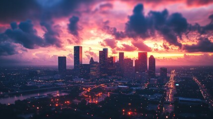 Fototapeta premium Houston Skyline at Sunset: A breathtaking aerial view of Houston's cityscape during a vibrant sunset, showcasing the city's modern architecture against a dramatic sky.