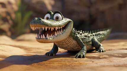 Fototapeta premium cheerful 3D crocodile character with big eyes and sharp teeth, resting on sandy terrain. This animated creature showcases vibrant colors and playful expression