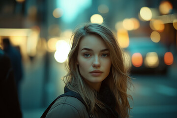 Obraz premium Stylish women captured in urban settings with glowing bokeh lights, showcasing natural beauty and the vibrant energy of the city. 