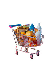 A full metal shopping cart overflowing with fresh, colorful fruits and vegetables