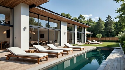 Fototapeta premium Enjoy a luxurious minimalist design in a village house that combines modern elegance with rustic charm, combining beautiful natural views for harmonious living.
