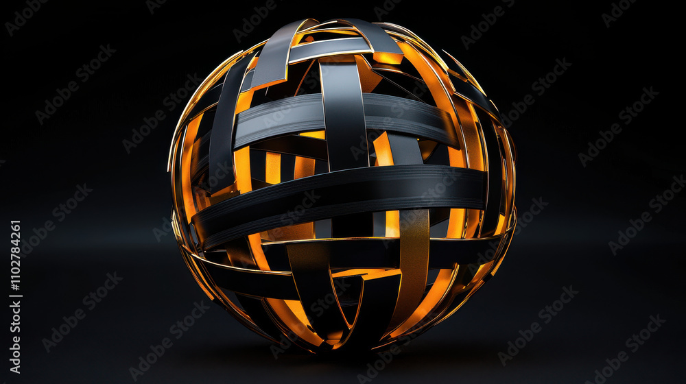 Poster 3d render of sphere made from black and golden metal strips, showcasing modern design with intricate