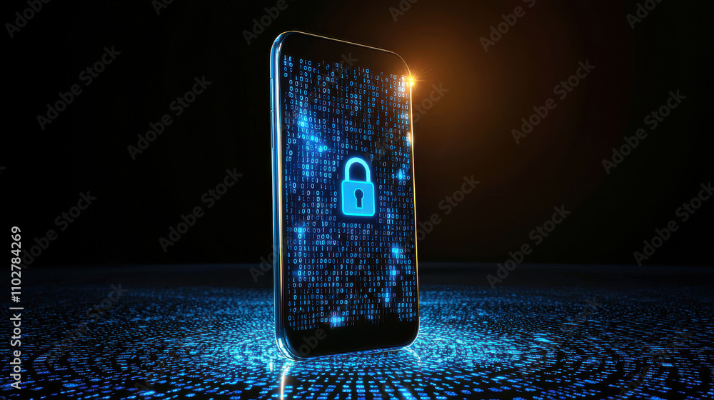Poster smartphone with digital lock symbol, surrounded by glowing blue binary code, represents security and