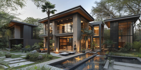 Obraz premium landscaping in front of the villa ornamental pools, and design sculptures in the garden. 