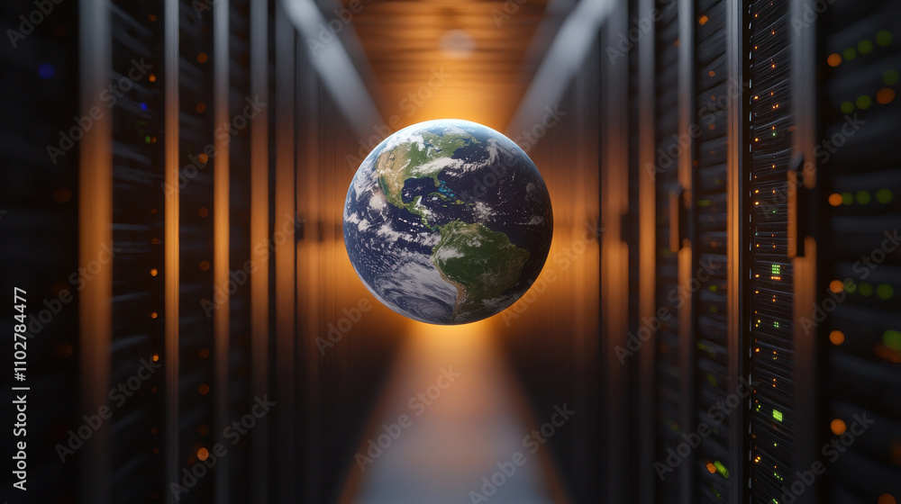 Poster 3d render of earth floating in data center, symbolizing technology and connectivity. scene evokes se