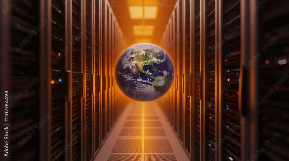Poster 3d render of earth floating in data center, surrounded by server racks, symbolizes technology and co
