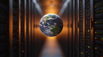 3D render of Earth floating in data center, symbolizing technology and connectivity. scene evokes sense of innovation and global reach