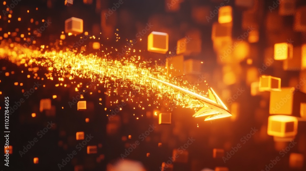 Poster an abstract design featuring an arrow made of sparkling particles moving through a digital space.
