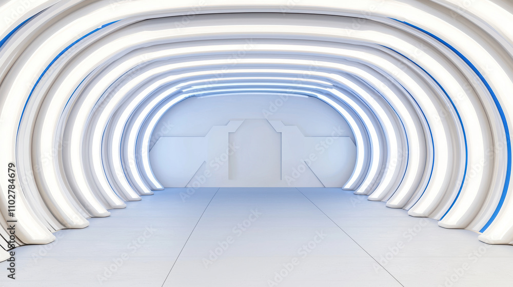 Poster futuristic tunnel interior with bright lights and smooth curves, creating sci fi atmosphere. ideal f