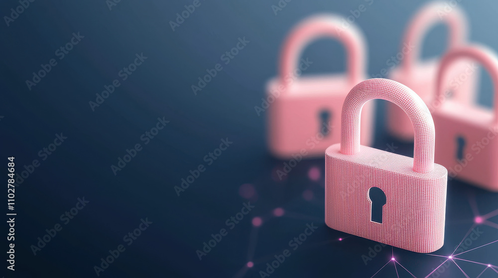 Poster 3d isometric pattern of pink padlocks on dark blue background creates visually striking and secure a