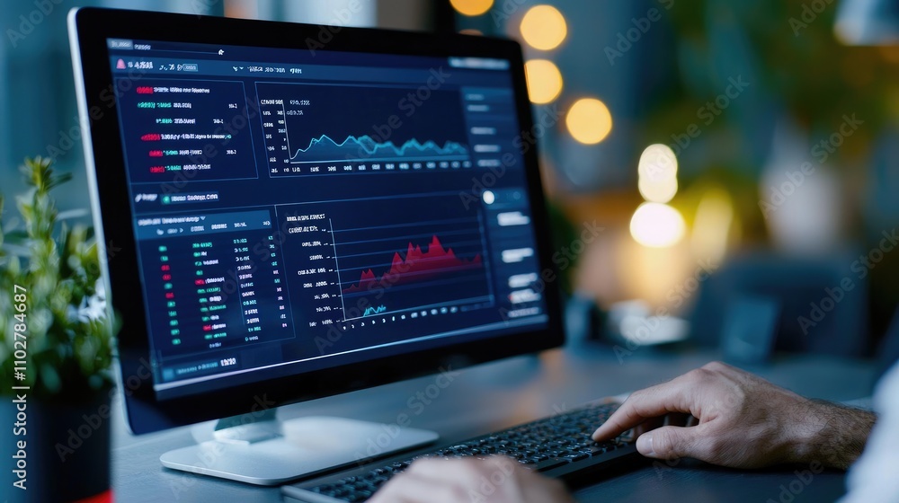 Poster data analyst reviewing stock market trends on a modern computer displaying financial charts and grap
