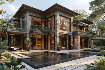 landscaping in front of the villa ornamental pools, and design sculptures in the garden. 