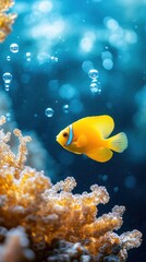 Obraz premium A vibrant yellow fish swims near coral in a serene underwater scene.