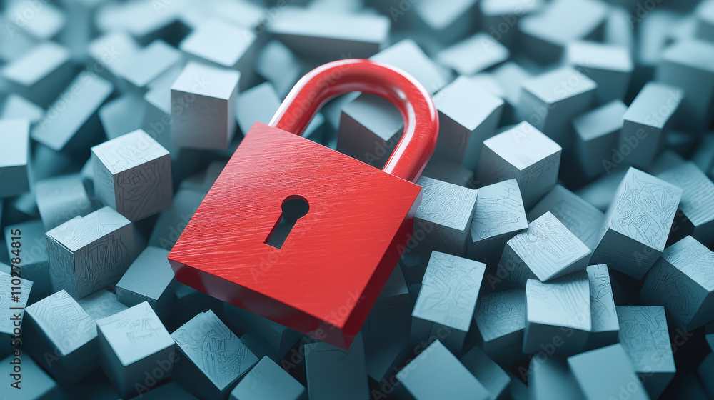 Poster red padlock rests on pile of small gray paper blocks, symbolizing security and protection. vibrant c