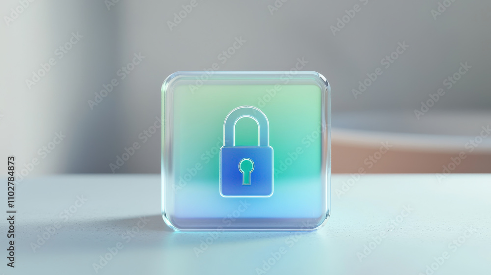 Poster 3d rendering of square glass box containing lock icon, symbolizing security and protection. design f