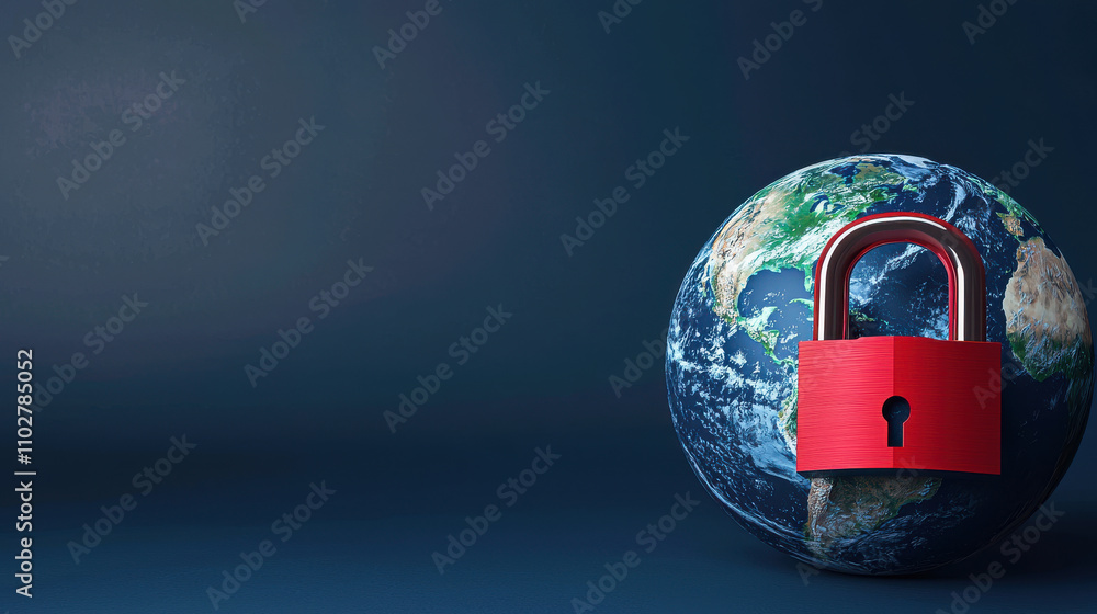 Poster 3d rendering of globe secured with red padlock, symbolizing global security and protection. dark blu