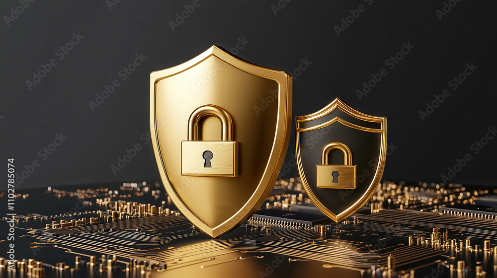 Poster golden and black shields with padlocks symbolize security and protection on circuit board background