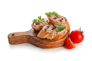 Wooden board with toasts, tasty pate, parsley, tomatoes and peppercorns on white background